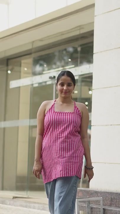 Pink Strappy Short Cotton Kurti