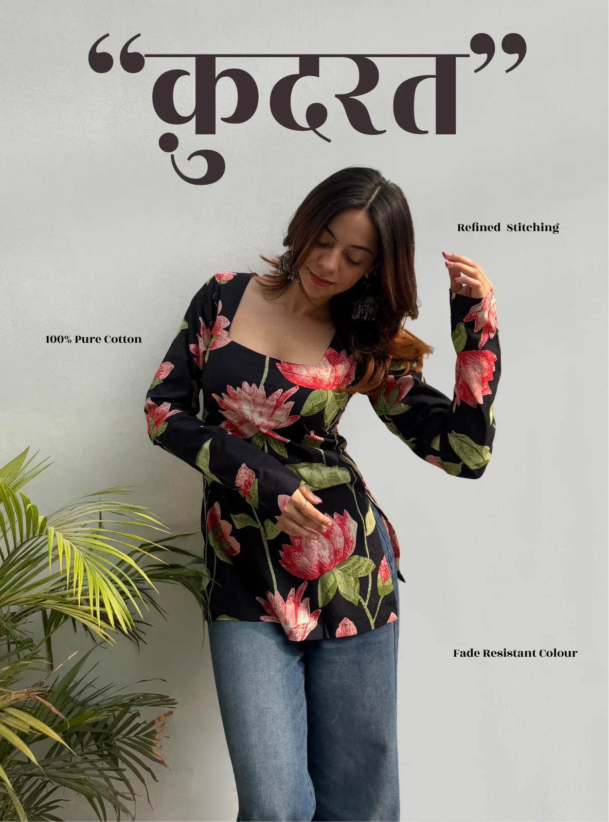 Kudrat Square Neck Kurti for Women | 100% Cotton | Evara