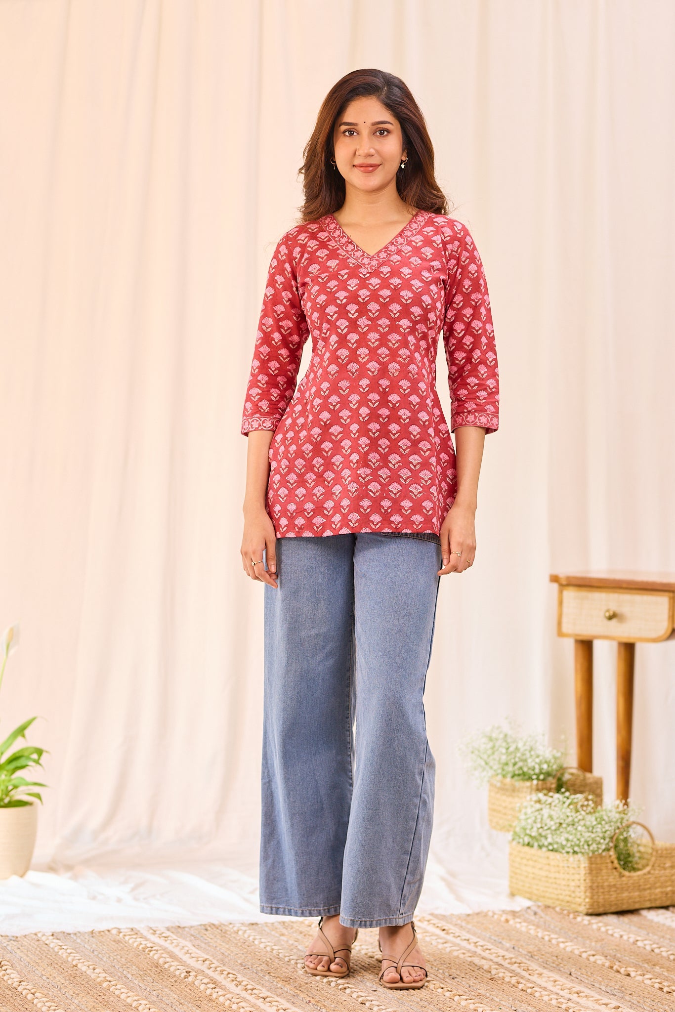 Red Printed Cotton Short Kurti