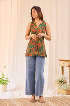 Floral Dark Green  printed Sleeveless Short Kurti