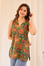 Floral Dark Green  printed Sleeveless Short Kurti