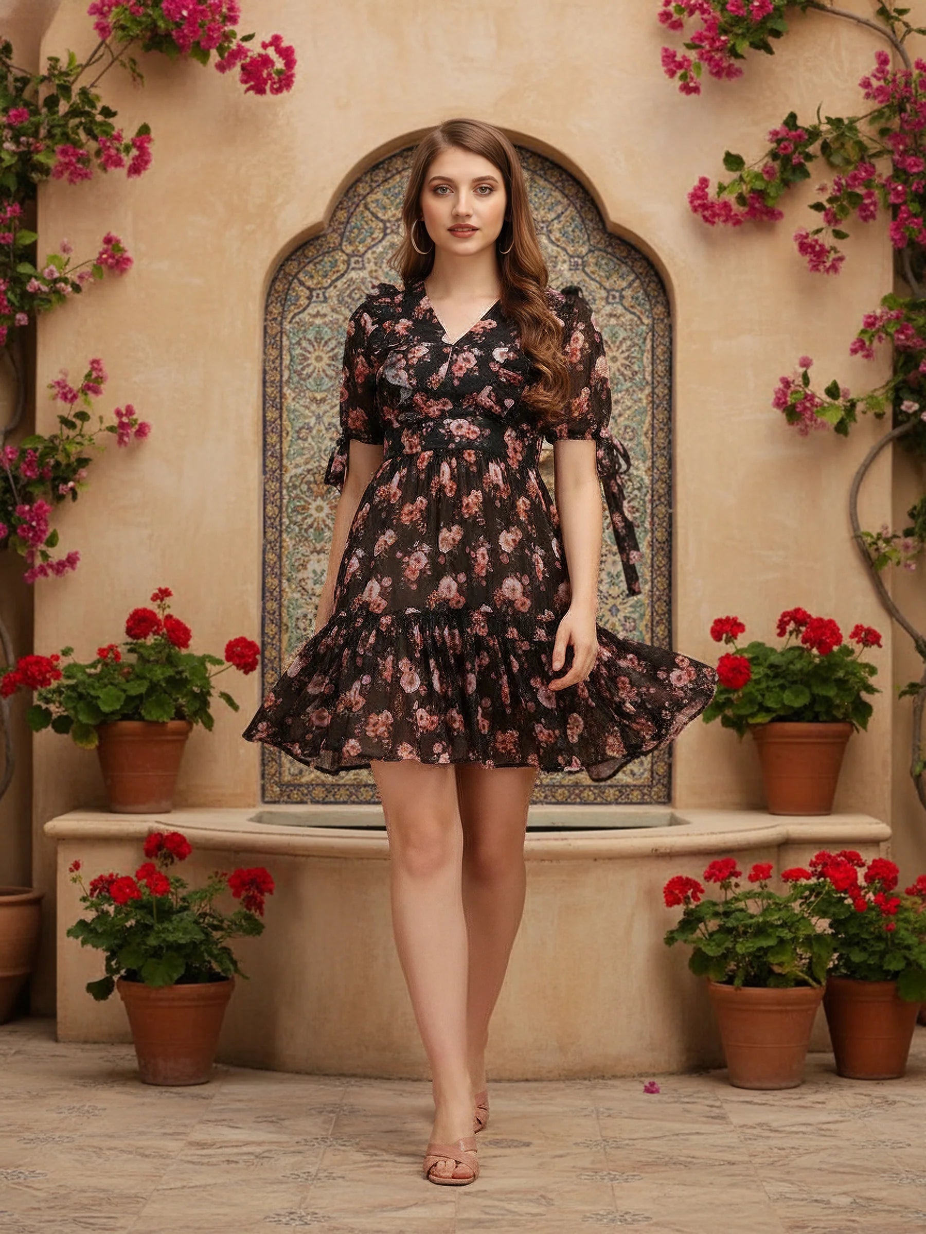 Black and Pink Floral Women's Dress