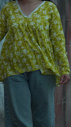Sunehri Phool – Flowy Yellow Floral Cotton Kurti with V-Neck & Full Sl