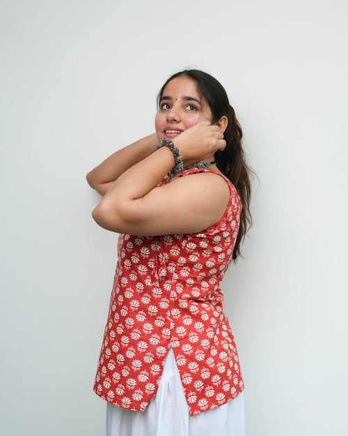 Aarohi - Orange lotus print short kurti for women