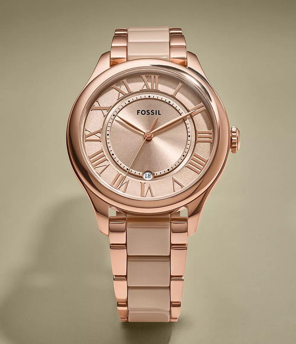 Gilmore Three-Hand Date Rose Gold-Tone and Brown Ceramic Watch