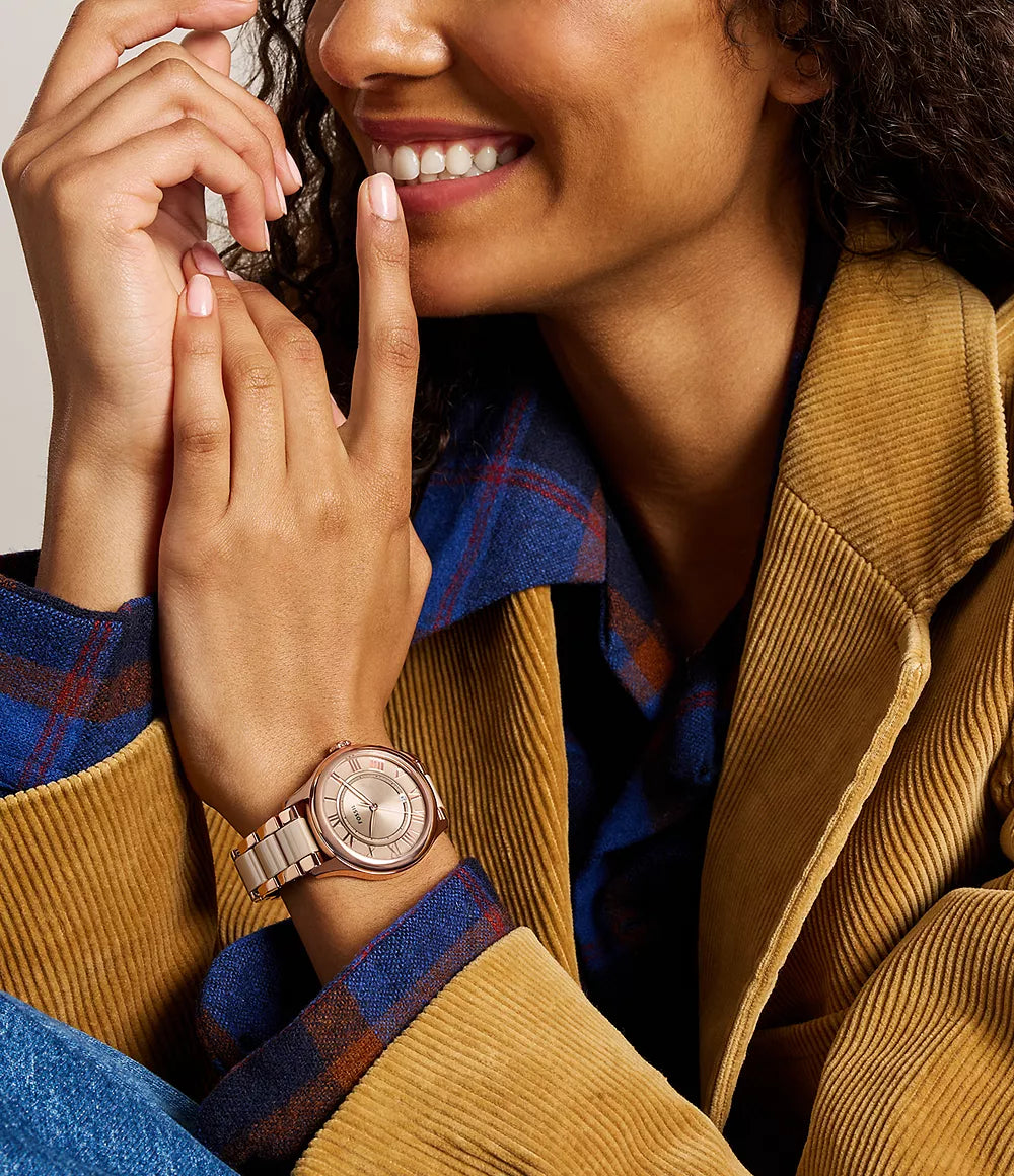 Gilmore Three-Hand Date Rose Gold-Tone and Brown Ceramic Watch