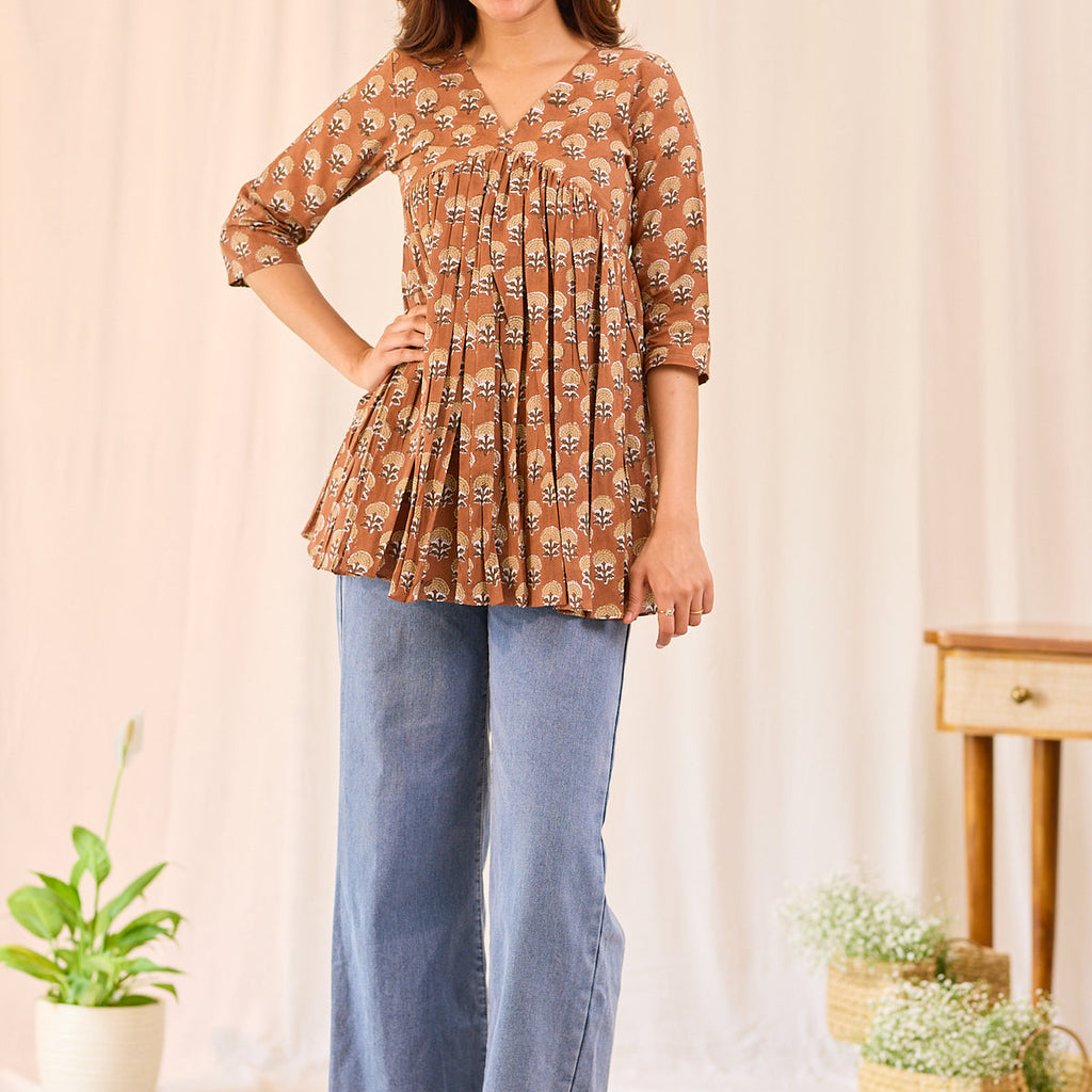 Brown Printed Cotton Short Kurti