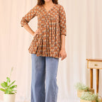 Brown Printed Cotton Short Kurti