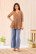 Brown Printed Cotton Short Kurti