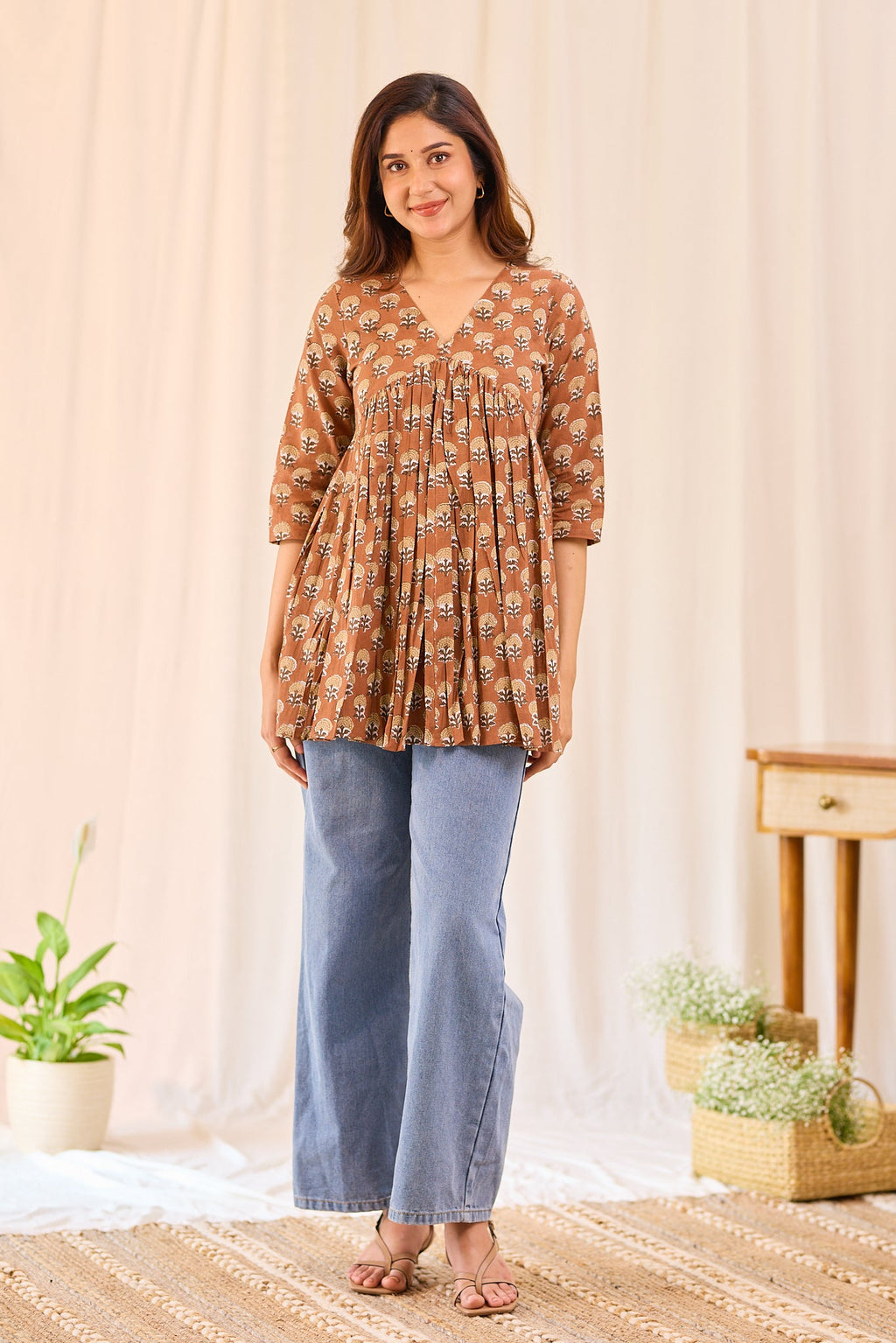Brown Printed Cotton Short Kurti