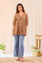 Brown Printed Cotton Short Kurti