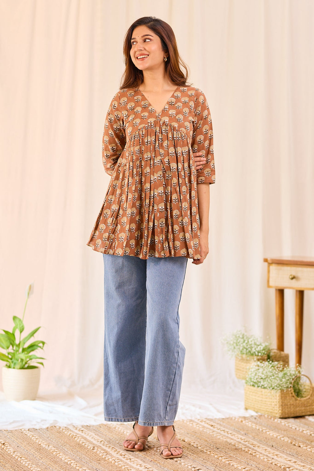 Brown Printed Cotton Short Kurti