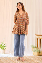 Brown Printed Cotton Short Kurti
