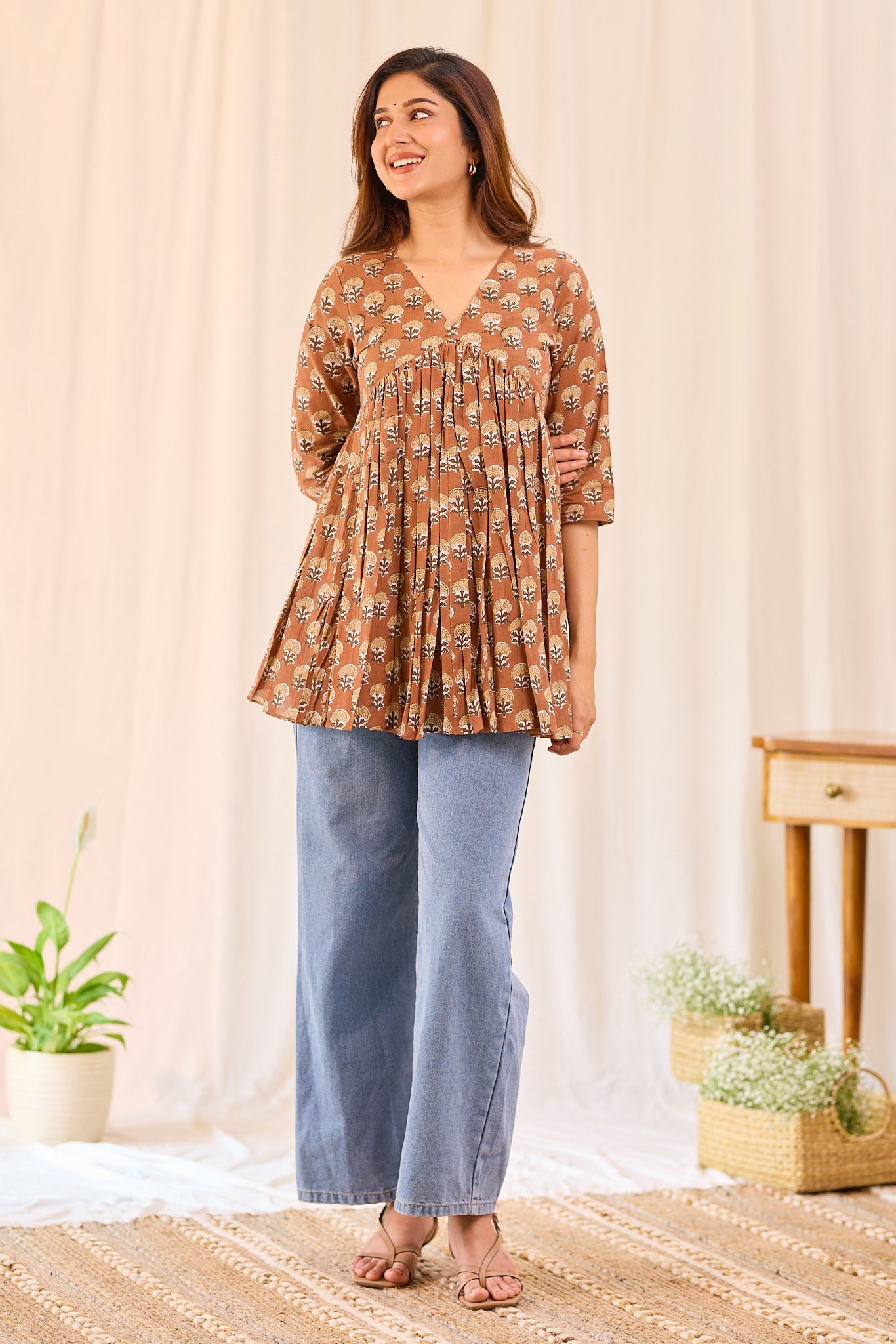 Brown Printed Cotton Short Kurti