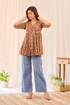 Brown Printed Cotton Short Kurti
