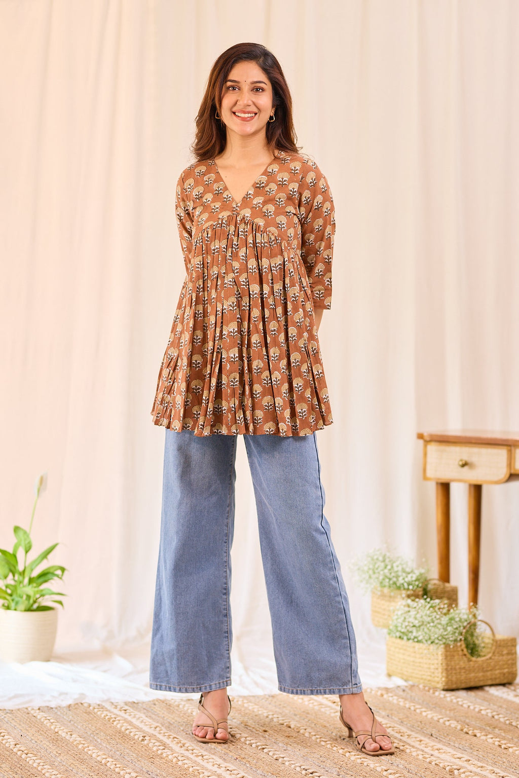 Brown Printed Cotton Short Kurti
