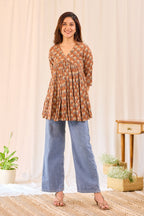 Brown Printed Cotton Short Kurti