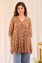 Brown Printed Cotton Short Kurti