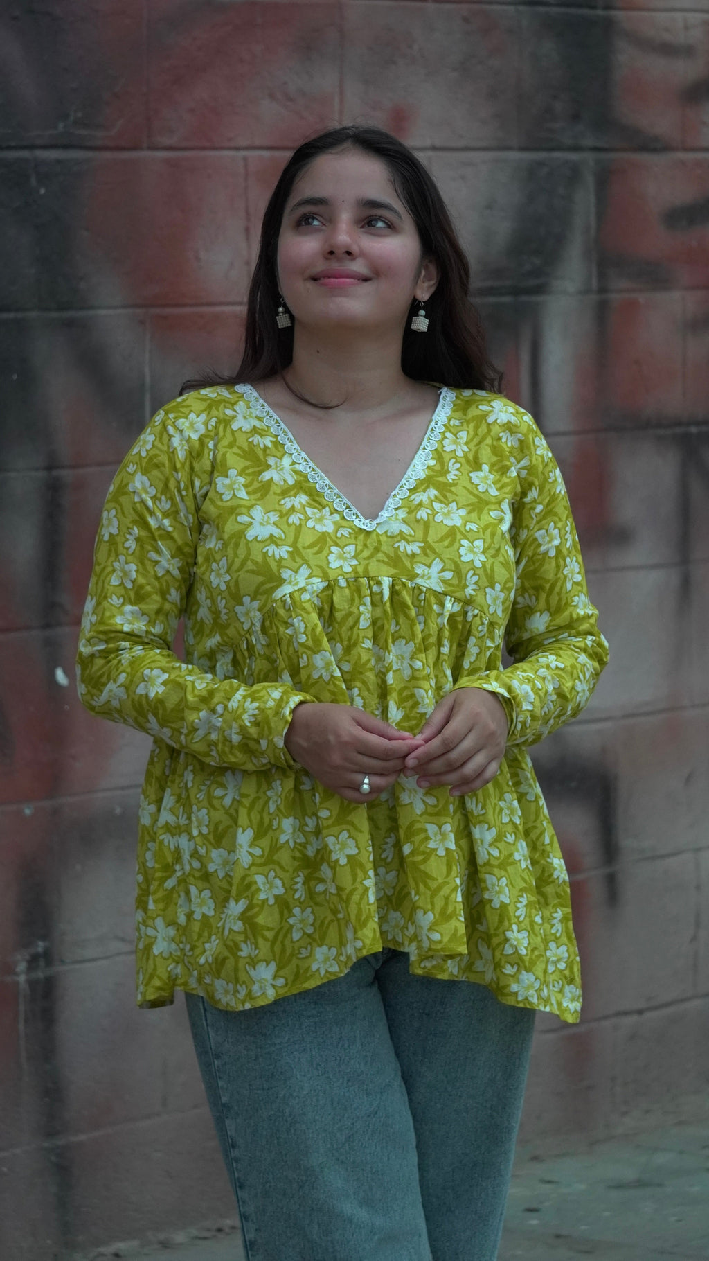 Sunehri Phool – Flowy Yellow Floral Cotton Kurti with V-Neck & Full Sl