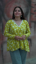 Sunehri Phool – Flowy Yellow Floral Cotton Kurti with V-Neck & Full Sl