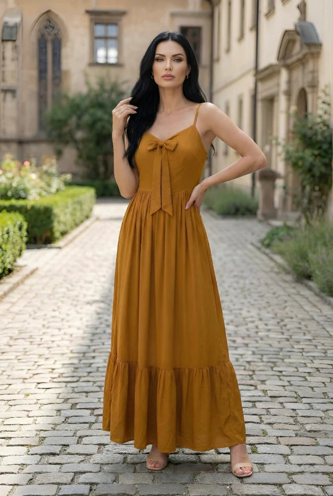 Mustard Bow-Tie Tiered Maxi Dress