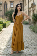 Mustard Bow-Tie Tiered Maxi Dress