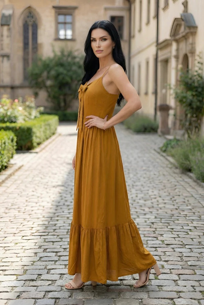 Mustard Bow-Tie Tiered Maxi Dress