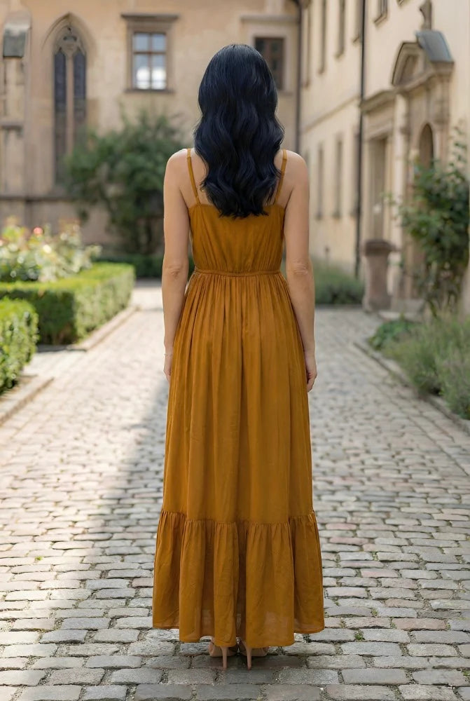 Mustard Bow-Tie Tiered Maxi Dress