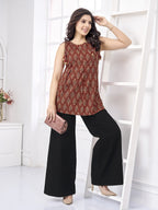 Red Sleeveless Printed Short Kurti in Cotton Cambric