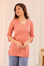 Soft Orange Printed Cotton Short Kurti