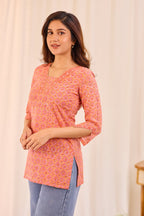 Soft Orange Printed Cotton Short Kurti