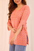 Soft Orange Printed Cotton Short Kurti