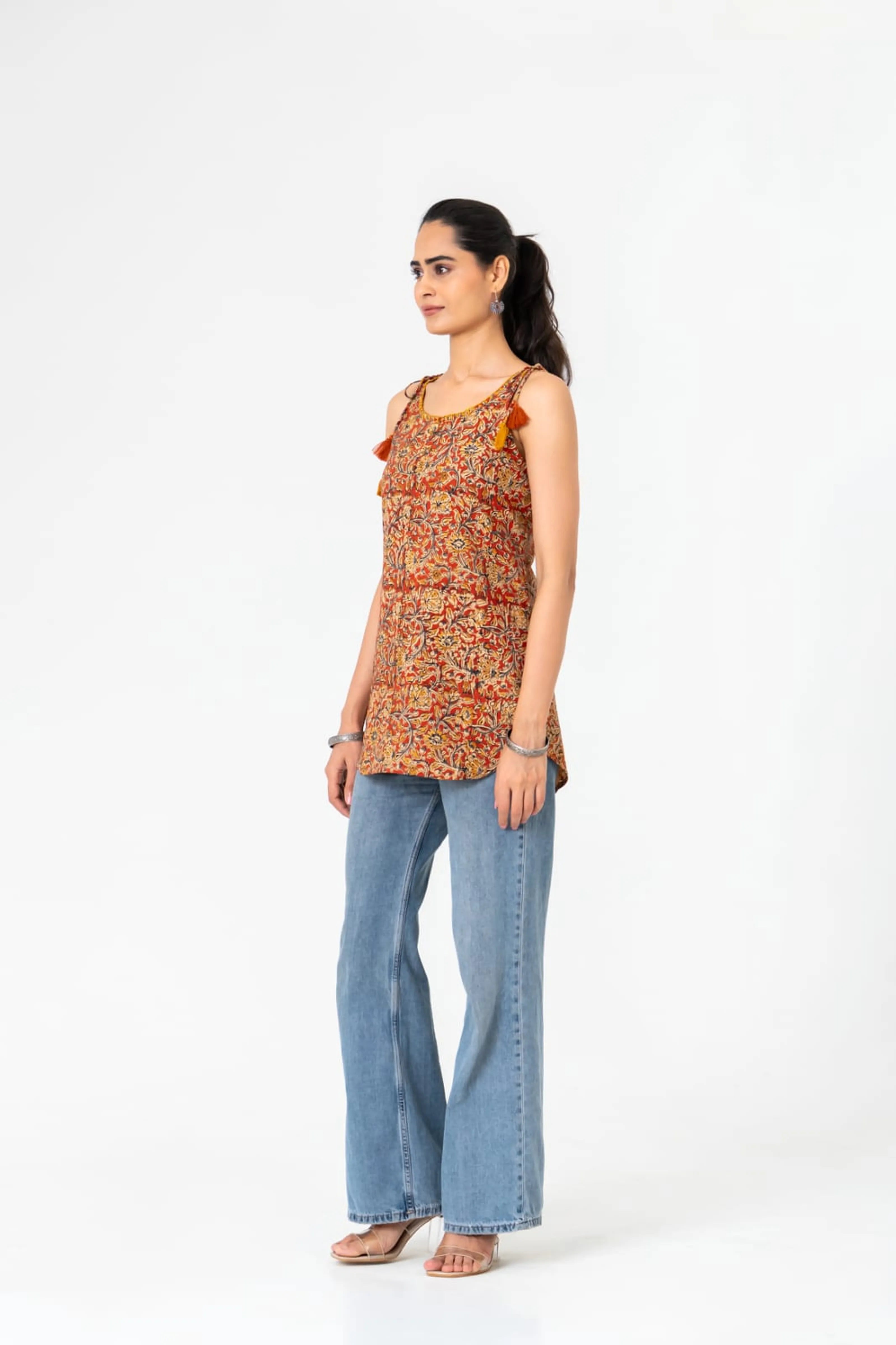 Coral & Mustard Floral Sleeveless Cotton Cambric Short Kurti