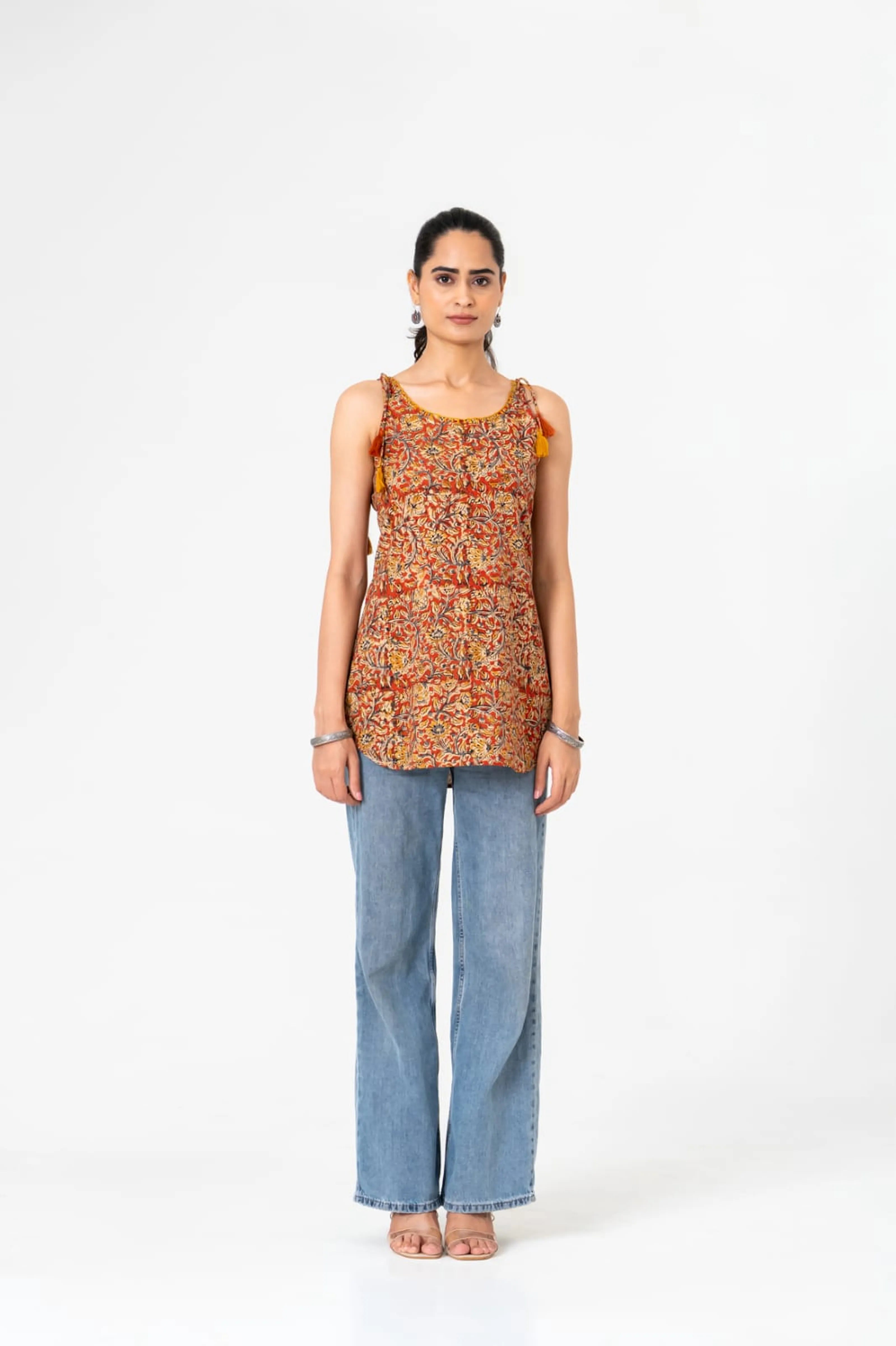 Coral & Mustard Floral Sleeveless Cotton Cambric Short Kurti